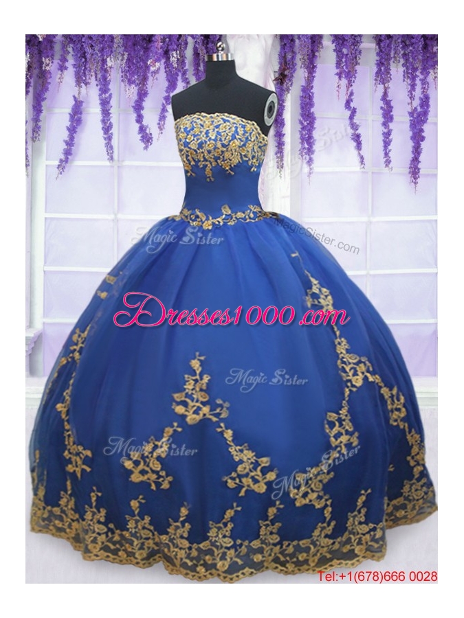 Low Price Strapless Zipper Up Blue Quinceanera Gown with Gold Appliques