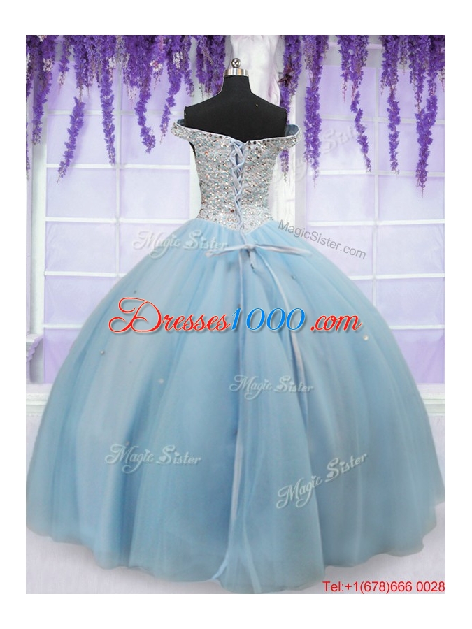 Luxurious Off the Shoulder Light Blue Quinceanera Dress with Beaded Bodice