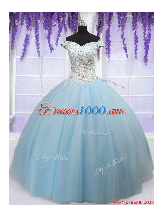 Luxurious Off the Shoulder Light Blue Quinceanera Dress with Beaded Bodice