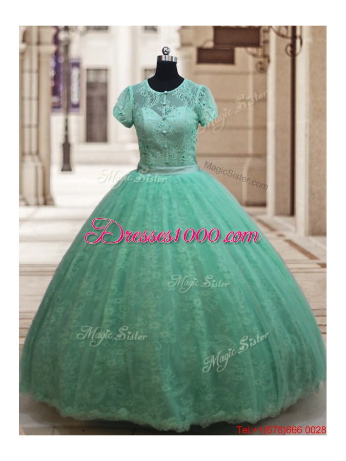 New Style Scoop Zipper Up Laced Quinceanera Dress with Short Sleeves