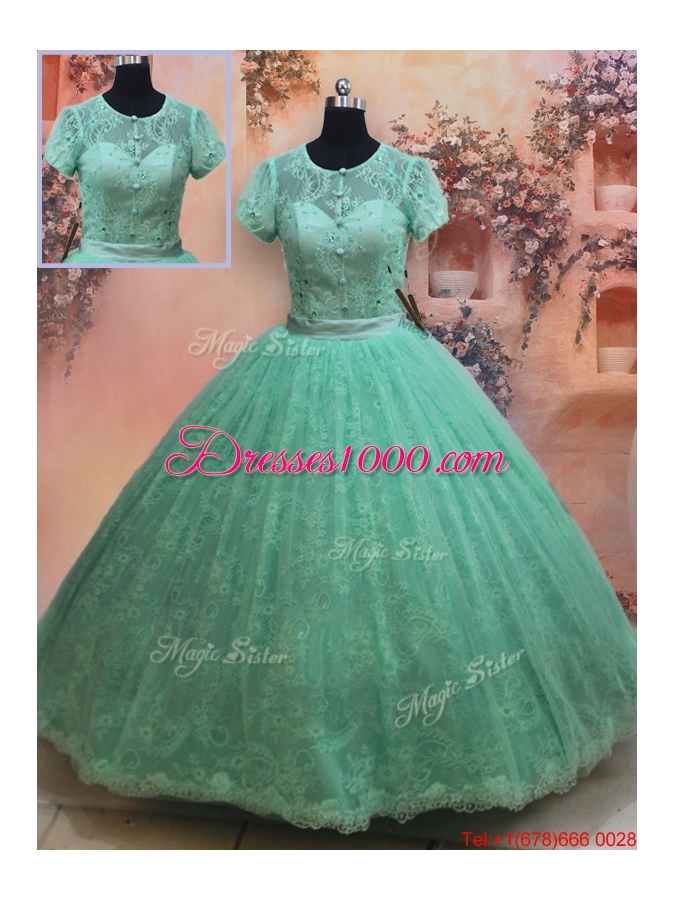 New Style Scoop Zipper Up Laced Quinceanera Dress with Short Sleeves