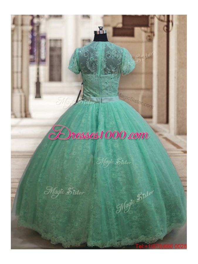 New Style Scoop Zipper Up Laced Quinceanera Dress with Short Sleeves
