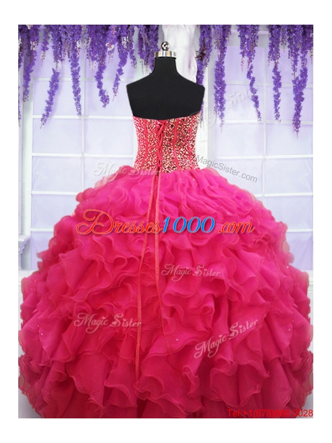 Popular Visible Boning Beaded Bodice and Ruffled Quinceanera Dress in Hot Pink
