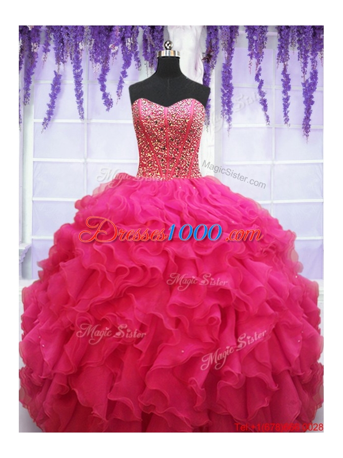 Popular Visible Boning Beaded Bodice and Ruffled Quinceanera Dress in Hot Pink