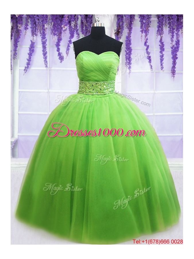 Simple Ruched Bodice Beaded Decorated Waist Spring Green Quinceanera Dress