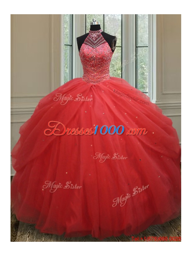 Best Selling See Through Beaded Decorated Halter Top Quinceanera Dress