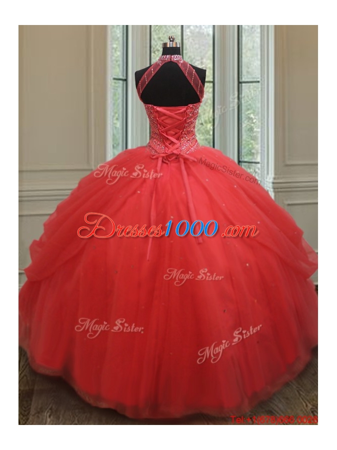 Best Selling See Through Beaded Decorated Halter Top Quinceanera Dress