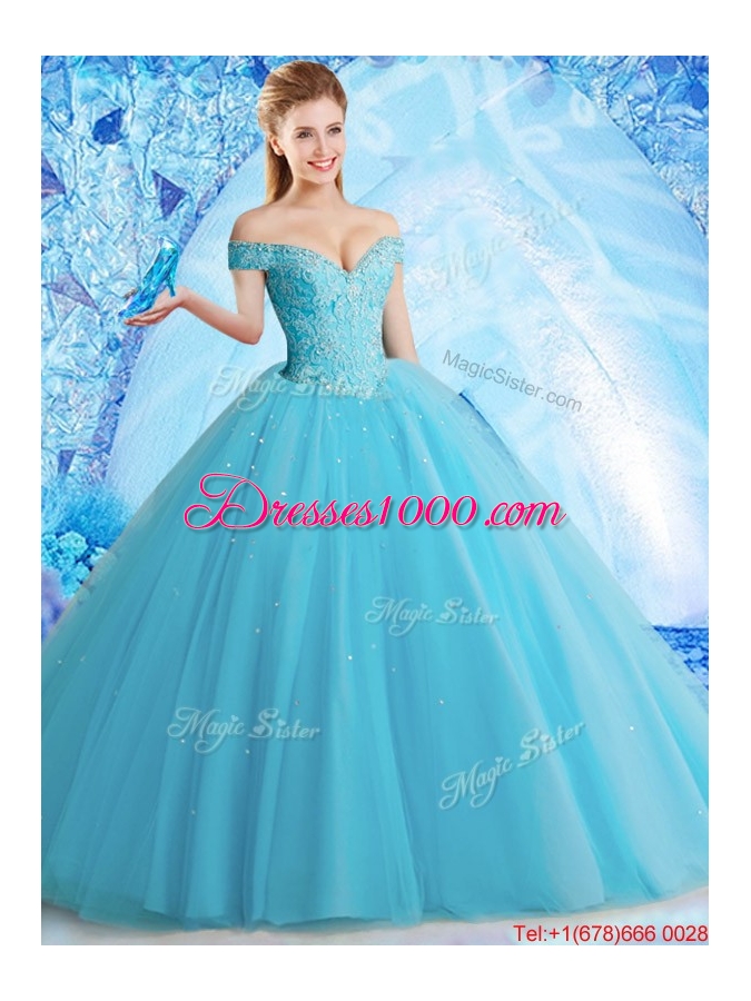 Best Selling Tulle Beaded Sweet 16 Dress in Aqua Blue