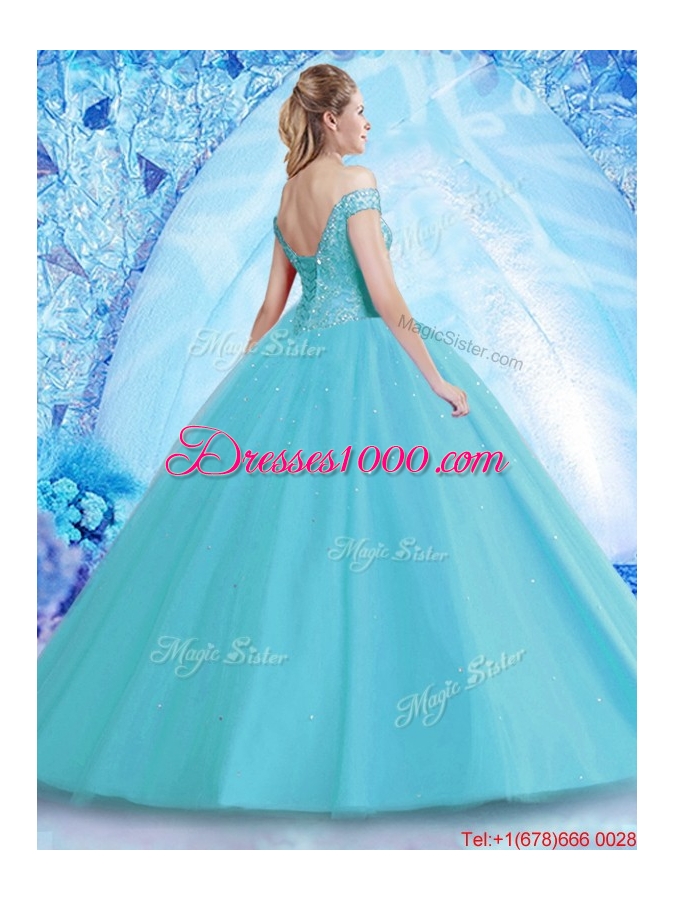 Best Selling Tulle Beaded Sweet 16 Dress in Aqua Blue