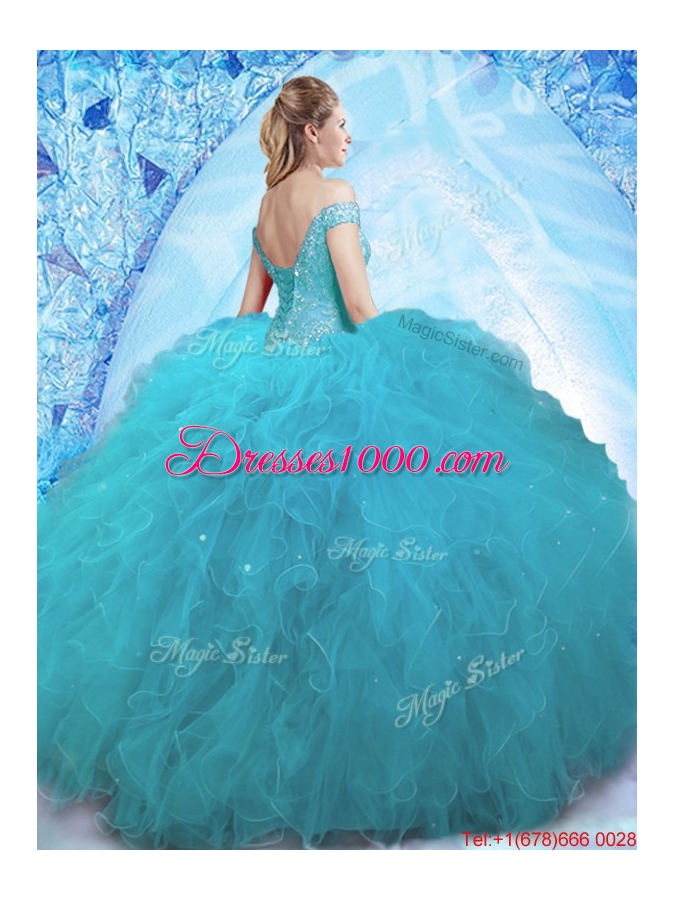 Cheap Beaded Off the Shoulder Teal Quinceanera Dress in Tulle