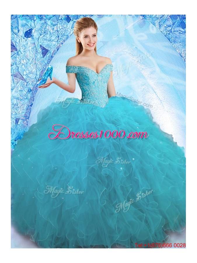 Cheap Beaded Off the Shoulder Teal Quinceanera Dress in Tulle