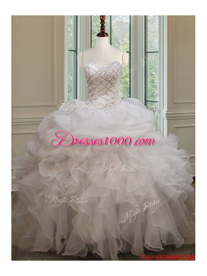 Cheap Beaded Ruffled and Bubble White Quinceanera Dress in Organza