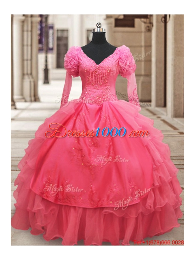 Classical Half Sleeves Watermelon Red Quinceanera Dress with Ruffled Layers and Embroider