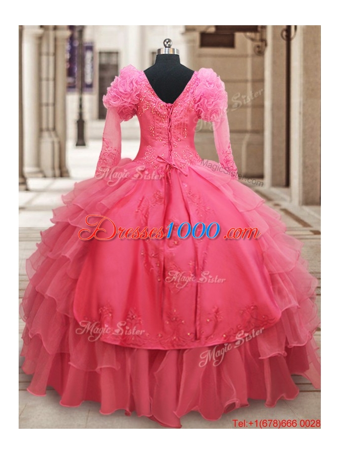 Classical Half Sleeves Watermelon Red Quinceanera Dress with Ruffled Layers and Embroider