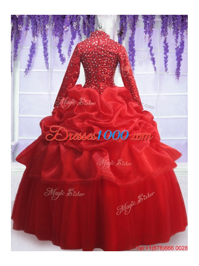 Elegant Beaded and Sequined Zipper Up Quinceanera Dress with Long Sleeves
