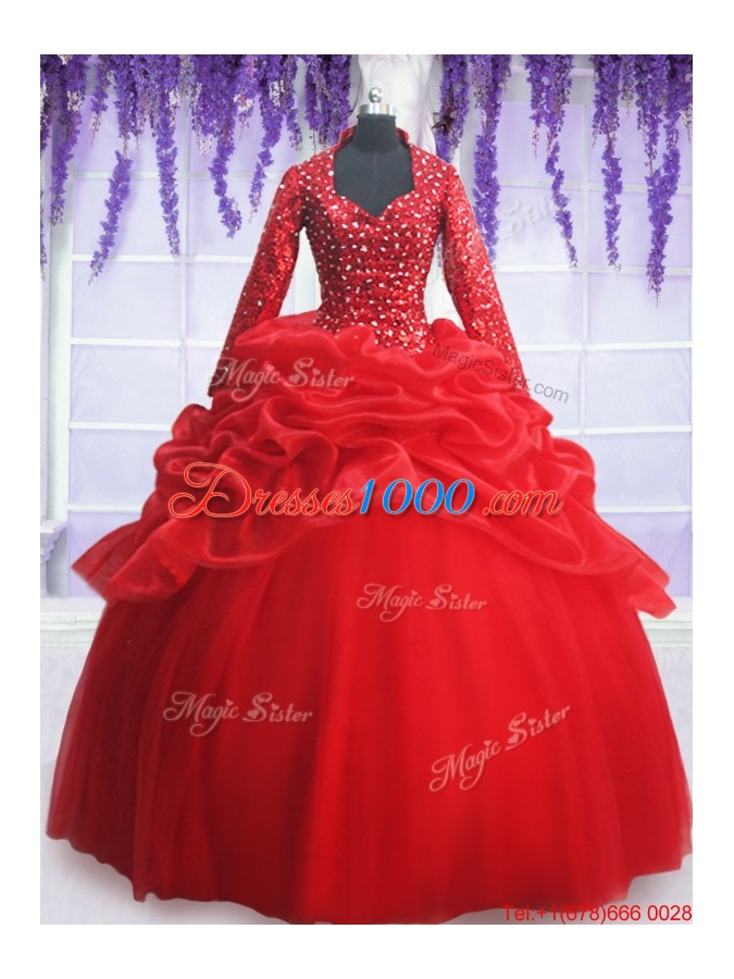 Elegant Beaded and Sequined Zipper Up Quinceanera Dress with Long Sleeves