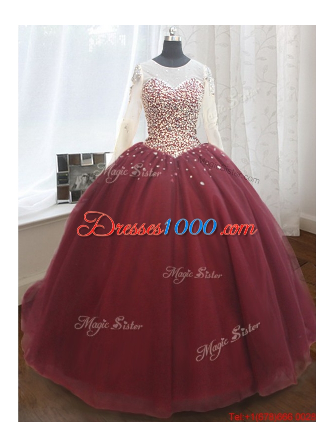 Elegant See Through Scoop Brush Train Quinceanera Dress with Long Sleeves
