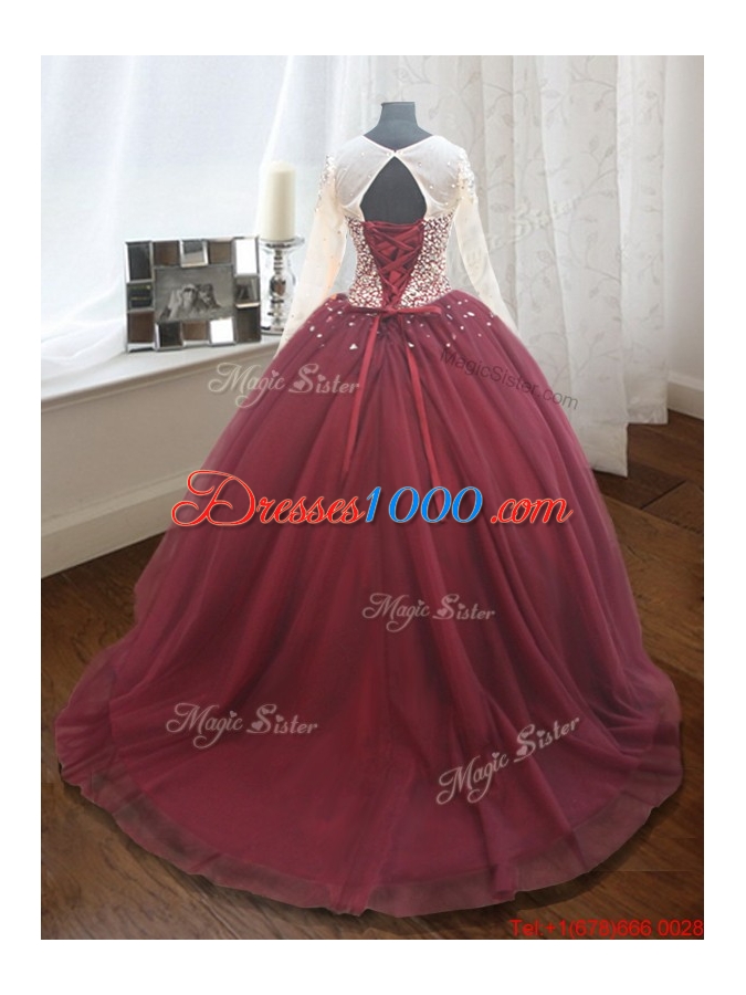 Elegant See Through Scoop Brush Train Quinceanera Dress with Long Sleeves