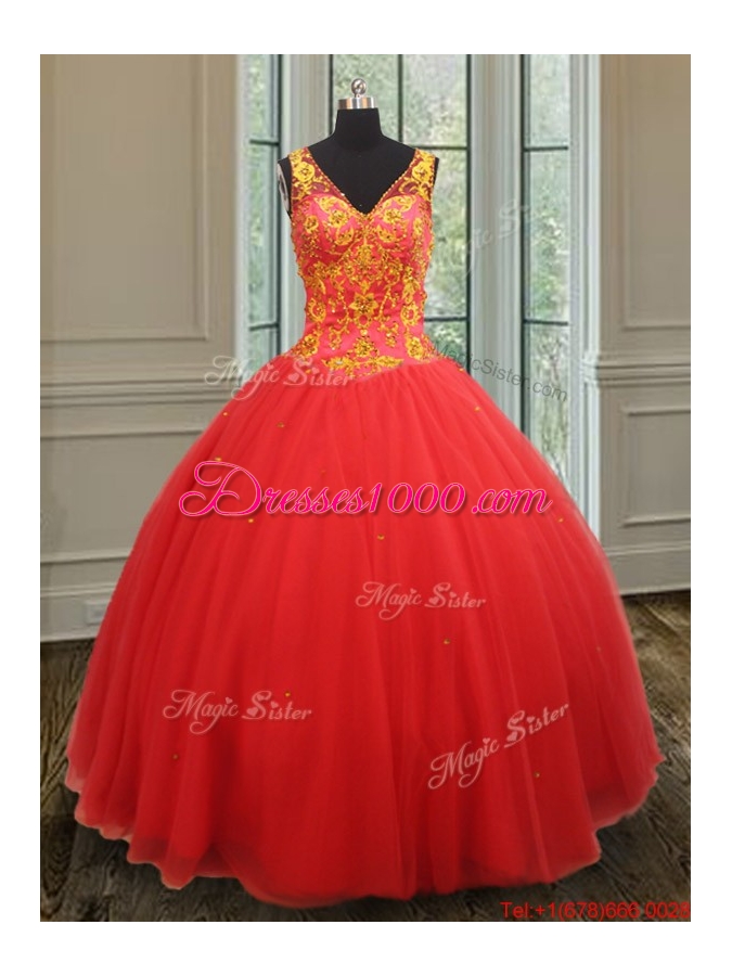 New Style Ball Gown V Neck Rust Red Sweet 16 Dress with Beaded Appliques