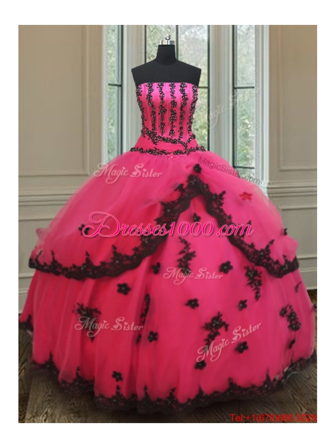 Exquisite Strapless Black and Hot Pink Quinceanera Dress with Appliques