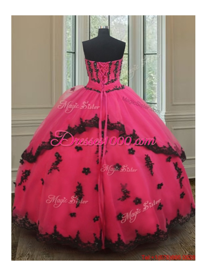 Exquisite Strapless Black and Hot Pink Quinceanera Dress with Appliques