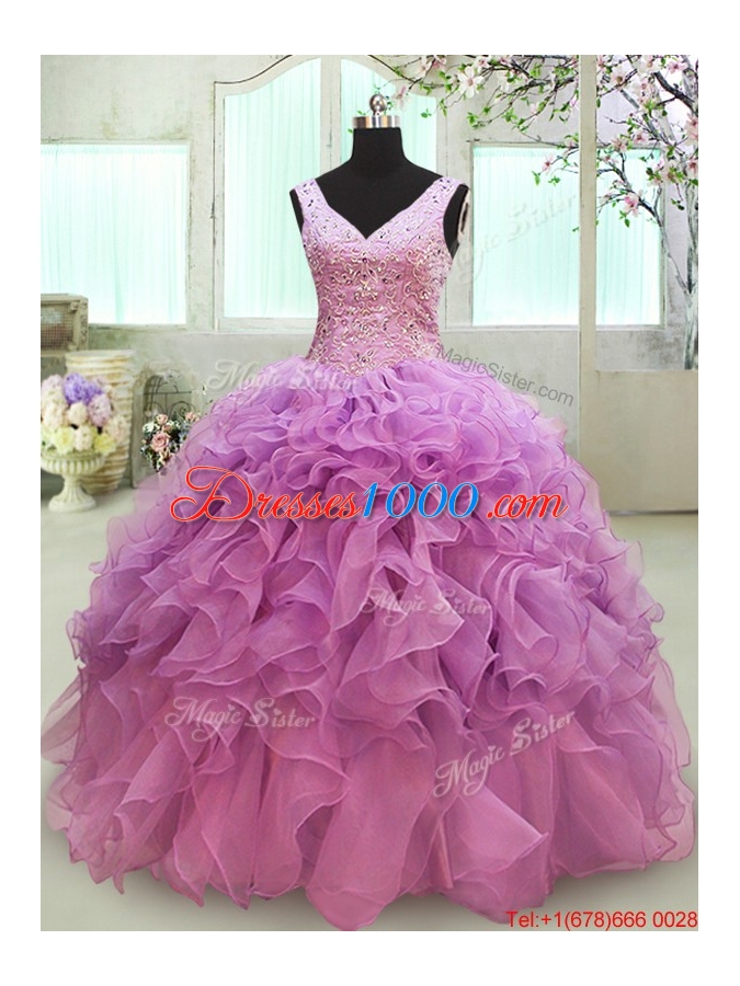 Gorgeous Big Puffy V Neck Beaded and Ruffled Quinceanera Dress in Organza
