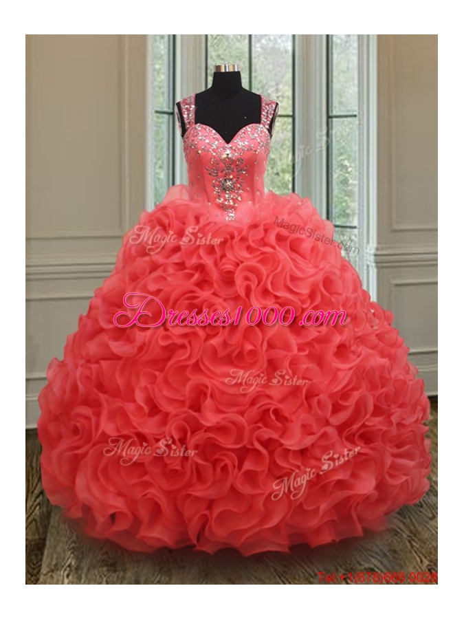 Hot Sale See Through Back Coral Red Sweet 15 Dress in Rolling Flowers