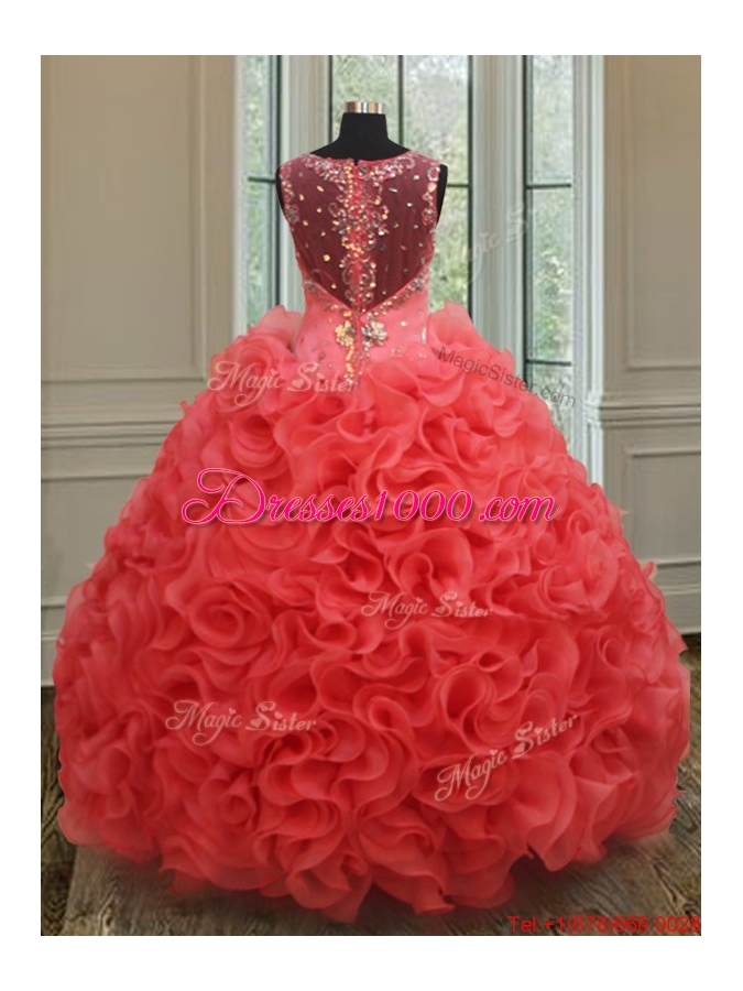 Hot Sale See Through Back Coral Red Sweet 15 Dress in Rolling Flowers