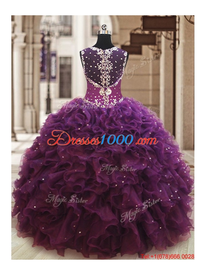 Lovely See Through Back Straps Zipper Up Dark Purple Quinceanera Dress