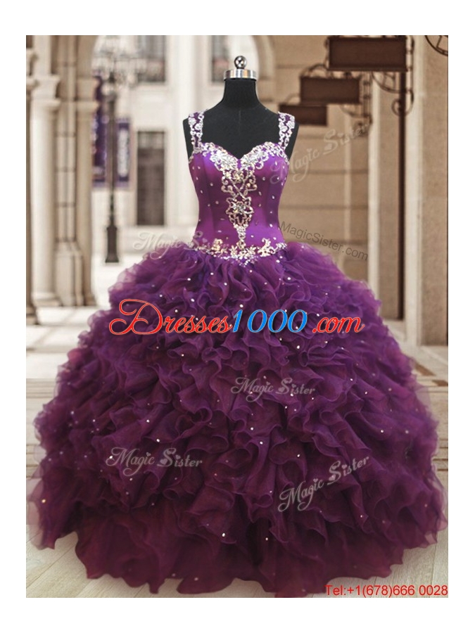 Lovely See Through Back Straps Zipper Up Dark Purple Quinceanera Dress