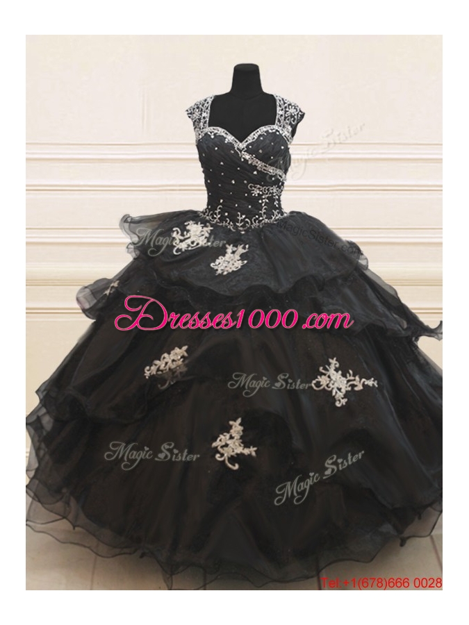 Lovely See Through Back Wide Straps Beaded Applique Black Quinceanera Dress