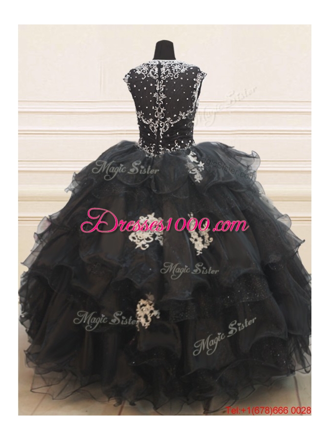Lovely See Through Back Wide Straps Beaded Applique Black Quinceanera Dress