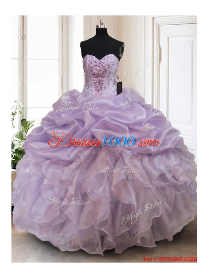 Luxurious Organza Lavender Sweet 16 Dress with Bubbles and Ruffles