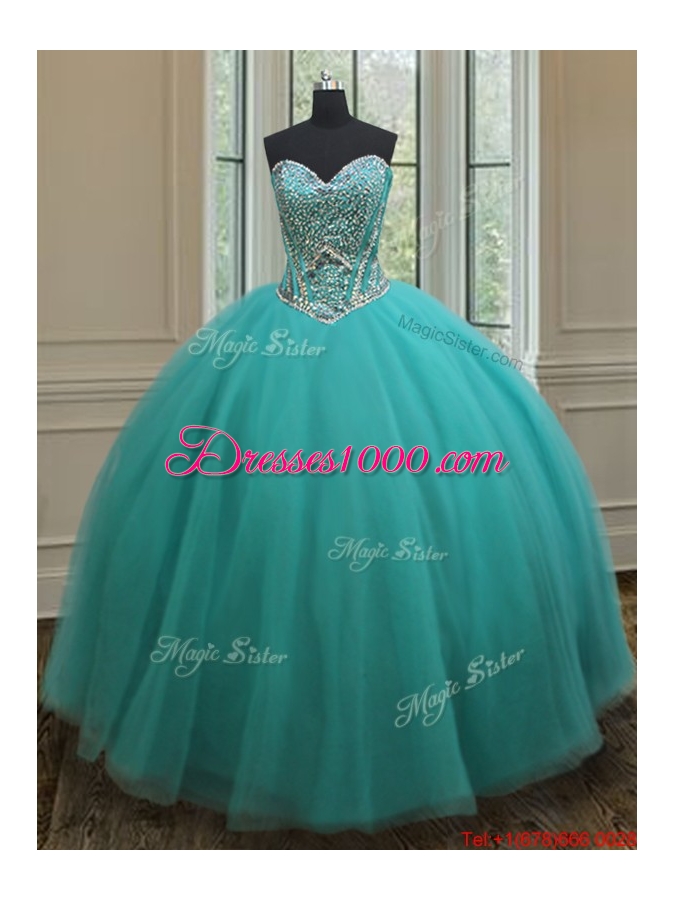Popular Really Puffy Beaded Bodice Quinceanera Dress in Turquoise