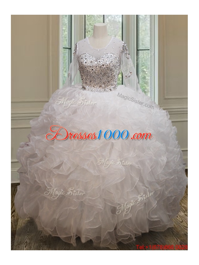 Pretty See Through Scoop Long Sleeves Quinceanera Dress with Brush Train