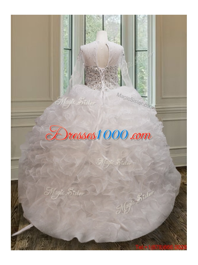 Pretty See Through Scoop Long Sleeves Quinceanera Dress with Brush Train