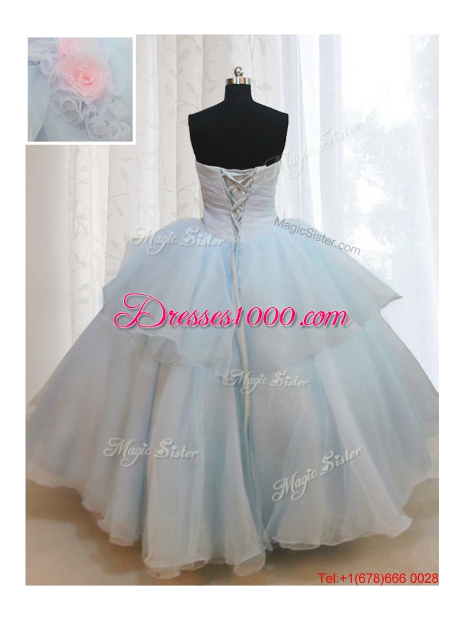 Strapless Light Blue Quinceanera Dress with Appliques and Handmade Flowers
