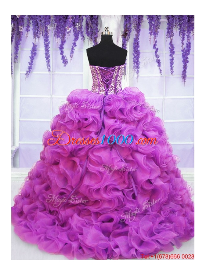 Sweet Visible Boning Beaded Bodice Ruffled Quinceanera Dress with Brush Train