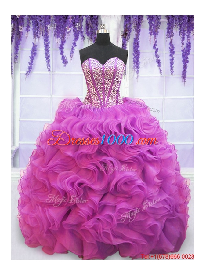 Sweet Visible Boning Beaded Bodice Ruffled Quinceanera Dress with Brush Train