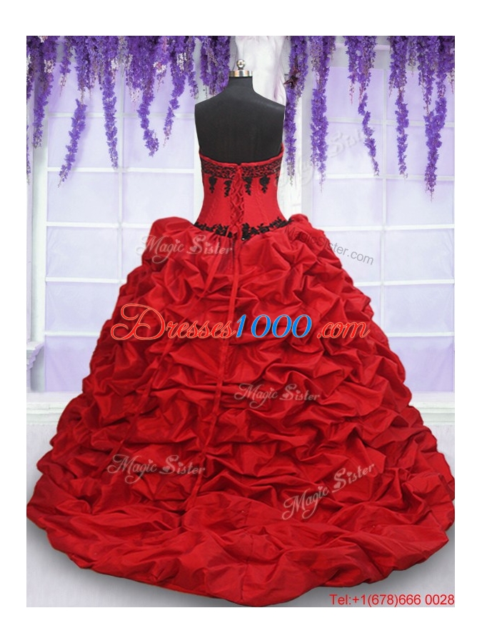 Top Seller Brush Train Red and Black Quinceanera Dress in Organza and Taffeta