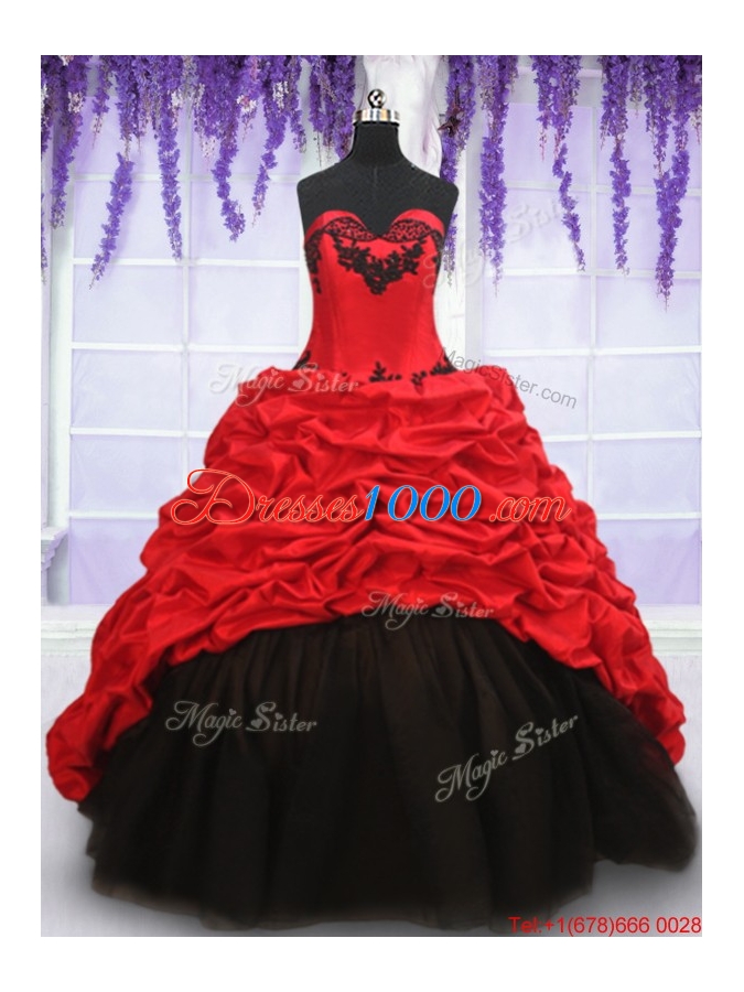 Top Seller Brush Train Red and Black Quinceanera Dress in Organza and Taffeta