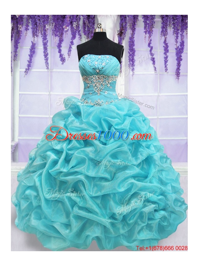 Top Seller Strapless Aquamarine Quinceanera Dress with Beading and Pick Ups
