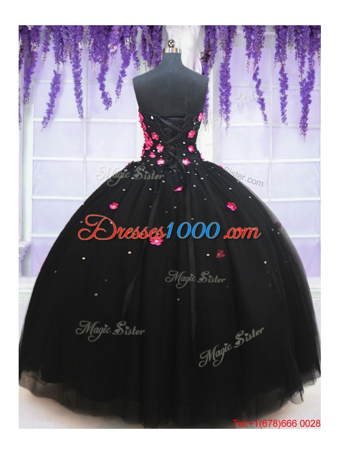 Wonderful Applique Decorated Bodice and Beaded Quinceanera Dress in Black