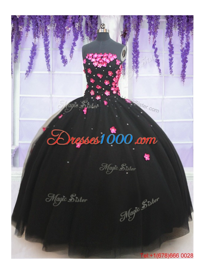 Wonderful Applique Decorated Bodice and Beaded Quinceanera Dress in Black