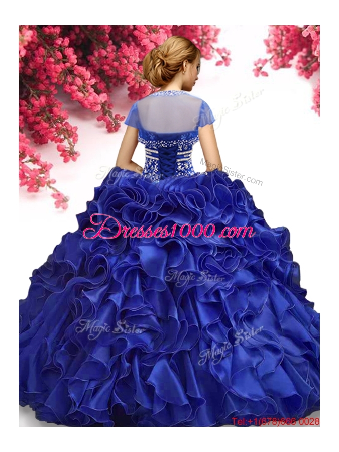 Discount Royal Blue Organza Quinceanera Dress with Beading and Ruffles