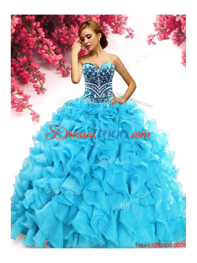 Fashionable Aqua Blue Organza Quinceanera Dress with Beading and Ruffles