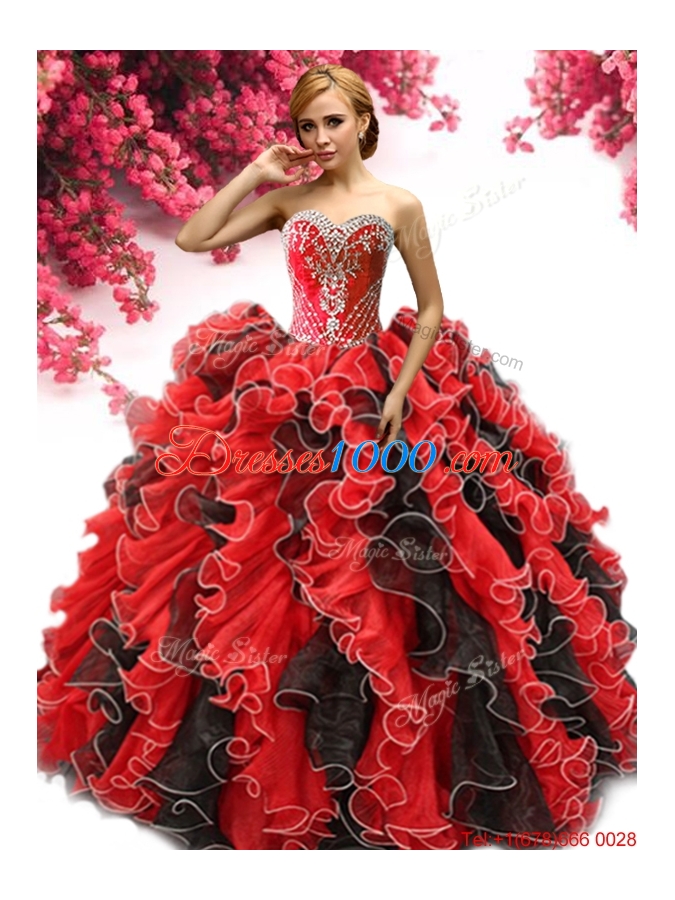 New Style Beaded and Ruffled Quinceanera Dress in Red and Black
