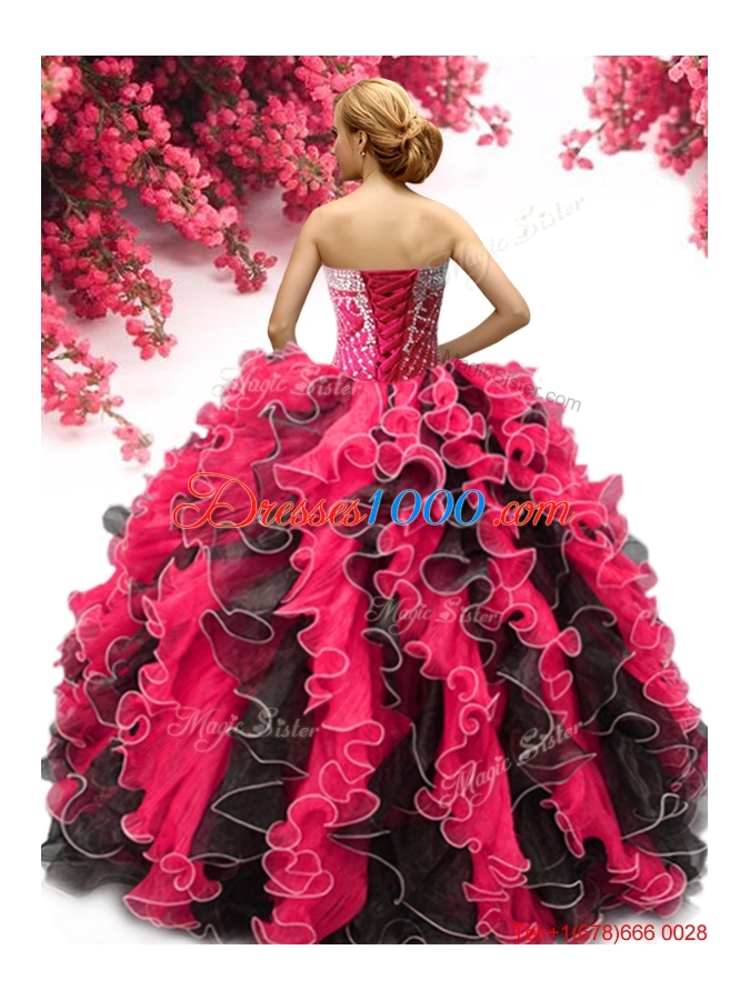 New Style Beaded and Ruffled Quinceanera Dress in Red and Black