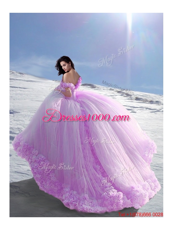 Popular Off the Shoulder Hand Made Flowers Sweet 16 Dresses in Lilac