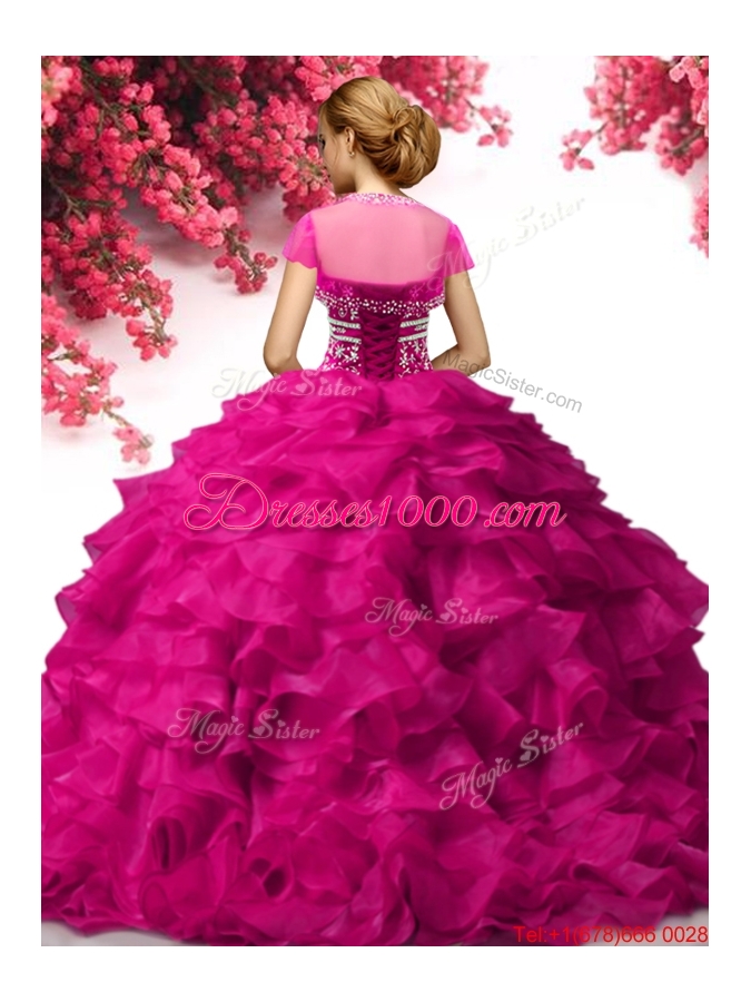 Romantic Beaded and Ruffled Organza Quinceanera Dress in Fuchsia